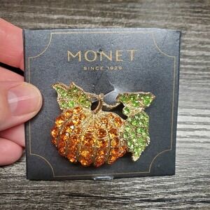 Vintage Monet Rhinestone Pumpkin Brooch Pin Gold Tone Orange Green Fall Jewelry